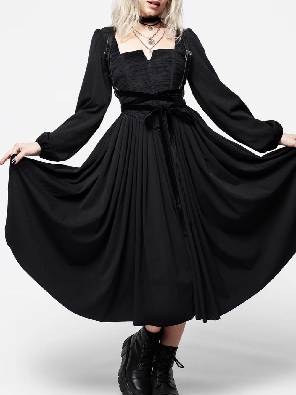 Disturbia Mina Corset Midi Dress Gothic Cottagecore Black US 12 / UK 16 NWT